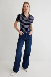 Dark Blue High Waist Wide Leg Jeans