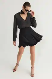Black Ruffle Lined Tulle Knitted Mini Skirt