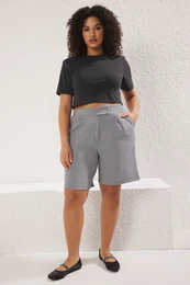 Curve Grey Pleat Detail Plus Size Knitted Shorts & Bermudas