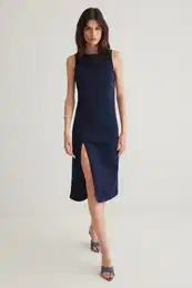 Dark Blue Slit Midi Denim Dress
