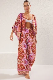 Ethnic Patterned Woven Bat Sleeve Shirt Trousers Beach Suit