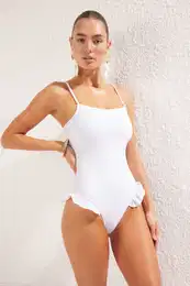 White Square Neck Ruffle Regular Swimsuit