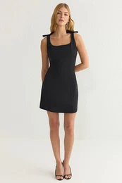 Black Plain Bow Mini Woven Dress