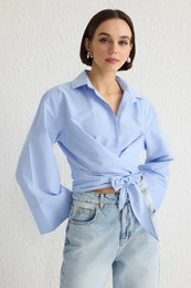 Light Blue Binding Detailed Regular Regular Pattern Woven Shirt