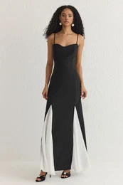 Black-White Chiffon Skirt Detailed Long Woven Evening Dress