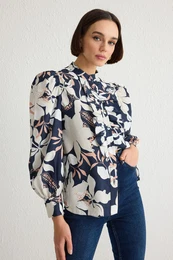 Navy Blue Stand Collar Ruffle Chiffon Floral Woven Shirt