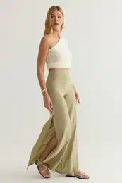 Mint Modal Wide Leg / Wide Leg High Waist Slit Woven Trousers