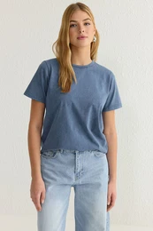 Indigo Washed 100% Cotton Premium Basic Crew Neck Knitted T-Shirt