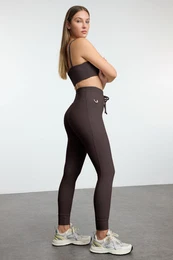 Brown Brushed Soft Fabric Pocket and Tie Detail Full Length Knitted Sports Tights