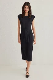 Black Plain Belted Midi Soft Textured Pique Knit Dress