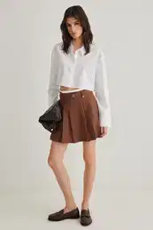 Brown Couple Pleated Mini Woven with Belt Detail Skirt