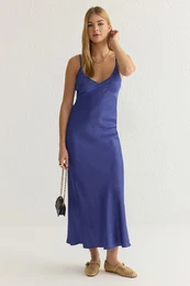 Saks Plain Pattern Strappy Maxi Satin Woven Dress
