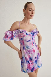Multicolored Bodycon Frilled Floral Patterned Woven Short Elegant Dress