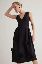 Black A-Line V-Neck Floral Detail Woven Elegant Evening Dress