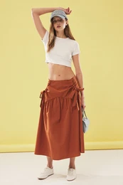 Mink Poplin Cotton Fabric Maxi Length Woven Skirt with Loose Fit from the Hips