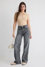 Grey Cut-Out Normal Waist Wide Leg Jeans