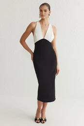Black-White Body-Sitting V-Neck Woven Wedding/Wedding Stylish Evening Dress