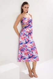 Purple-Multicolored Floral Patterned Satin Woven Chic Midi Evening Dress