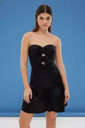 Black A-Line Strapless Bow Detail Woven Short Elegant Dress