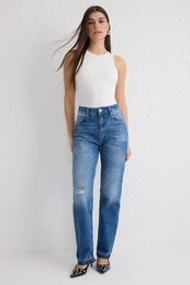 Blue High Waist Long Straight Jeans