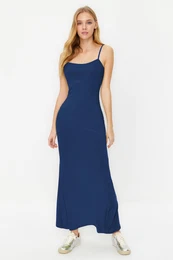 Indigo Maxi Bodycone/Body Fitted Strappy Stretch Knit Dress