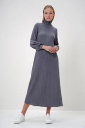 Trend Alaat Stili Women's Gray Turtleneck Burgundy Fabric Long Dress