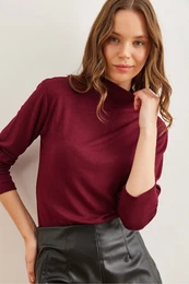 Women's Claret Red Stand Collar Flowy Soft Touch Blouse