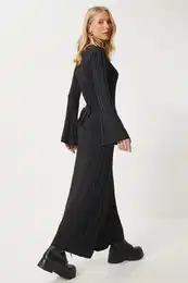 Happiness stanbul Women's Black Belted Ribbed Long Knit Dress