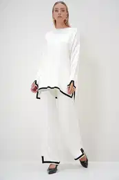 Trend Alaat Stili Women's Beige Crew Neck Stripe Detailed Knitwear Tunic and Trouser Set