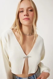 Happiness stanbul Women's Ecru Stoned Bow Tie Crop Knitwear Cardigan