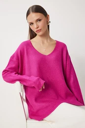 Happiness stanbul Women's Dark Pink V Neck Knitwear Sweater