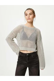 Openwork Knitwear Sweater Crew Neck Long Sleeve Silvery