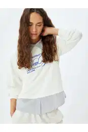 College Printed Shirt Collar Oversize Sweatshirt