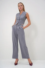 Trend Alaat Stili Women's Gray V-Neck Buttoned Vest and Double Pocket Palazzo Pants Set