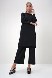 Trend Alaat Stili Women's Black Crew Neck Side Slit Long Tunic and Trouser Set