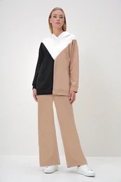 Trend Alaat Stili Women's Black Ecru Hooded Color Block Two Yarn Top-Bottom Set