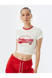 College Themed Back Printed Slim Fit Crop T-Shirt