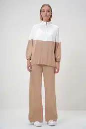 Trend Alaat Stili Women's Ecru-Beige Stand Collar Zippered Color Block Two Thread Top-Bottom Set