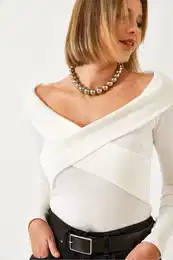 Women's Cross Strap Finger Loop Madonna Collar Blouse