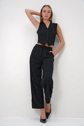 Trend Alaat Stili Women's Black V-Neck Buttoned Vest and Double Pocket Palazzo Pants Set