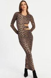Women's Camel-Black Low-Cut Leopard Maxi New Year's Dress LIK9