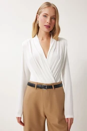 Happiness stanbul Women's Ecru Wrap Collar Padded Snap Sandy Blouse
