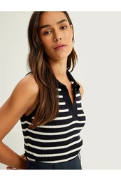 Striped Ribbed Knitwear Sleeveless Polo Collar Sweater