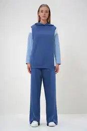 Trend Alaat Stili Women's Indigo Hooded Color Block Two Yarn Top-Bottom Set