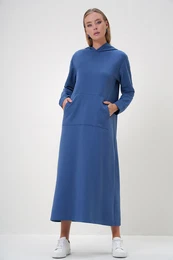 Trend Alaat Stili Women's Indigo Hooded Kangaroo Pocket Double Yarn Maxi Dress
