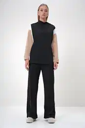 Trend Alaat Stili Women's Black Hooded Color Block Two Yarn Top-Bottom Set