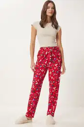 Happiness stanbul Women's Red White Patterned Soft Texture Knitted Pajama Bottoms