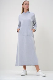 Trend Alaat Stili Women's Gray Hooded Kangaroo Pocket Double Yarn Maxi Dress