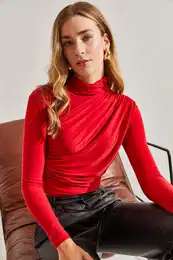 Women's Turtleneck Front Gathered Candy Fabric Blouse