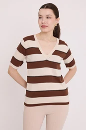 Women's Brown Cream Striped Short Sleeve Blouse 15869